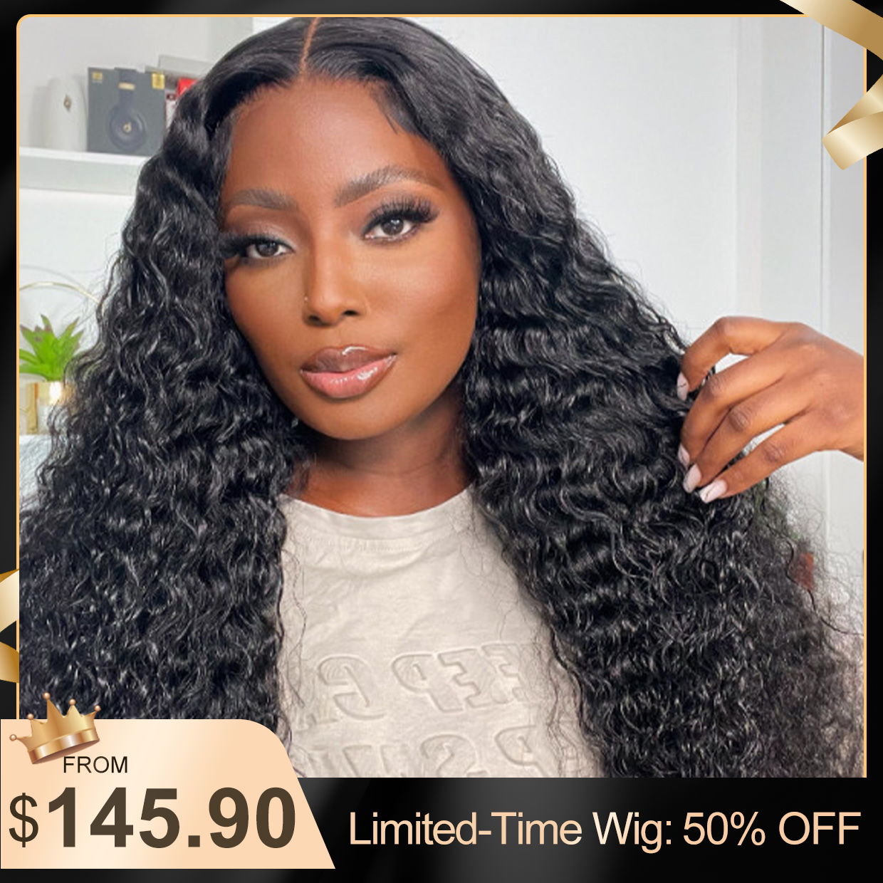 Glueless Wig 7x5 Closure Lace Invisible Knot Pre-plucked & Cut Deep Wave Natural Black