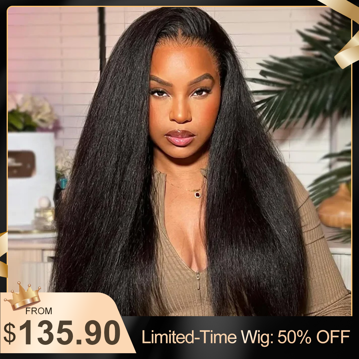 Glueless Wig 7x5 Closure Lace Invisible Knot Pre-plucked & Cut Kinky Straight Natural Black