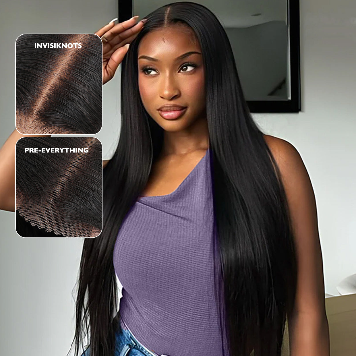 Glueless Wig 7x5 Closure Lace Invisible Knot Pre-plucked & Cut Straight Natural Black