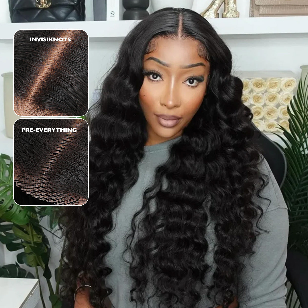 Glueless Wig 7x5 Closure Lace Invisible Knot Pre-plucked & Cut Loose Deep Natural Black