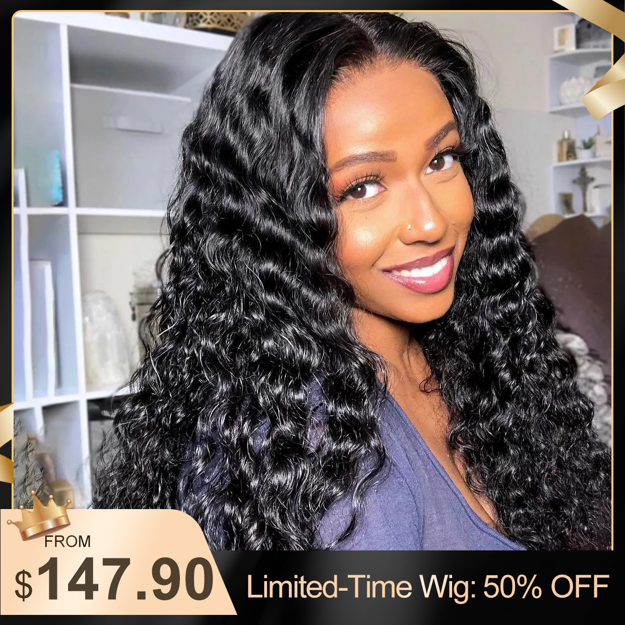 Glueless Wig 9x6 Closure Lace Invisible Knot Pre-plucked & Cut Deep Wave Natural Black