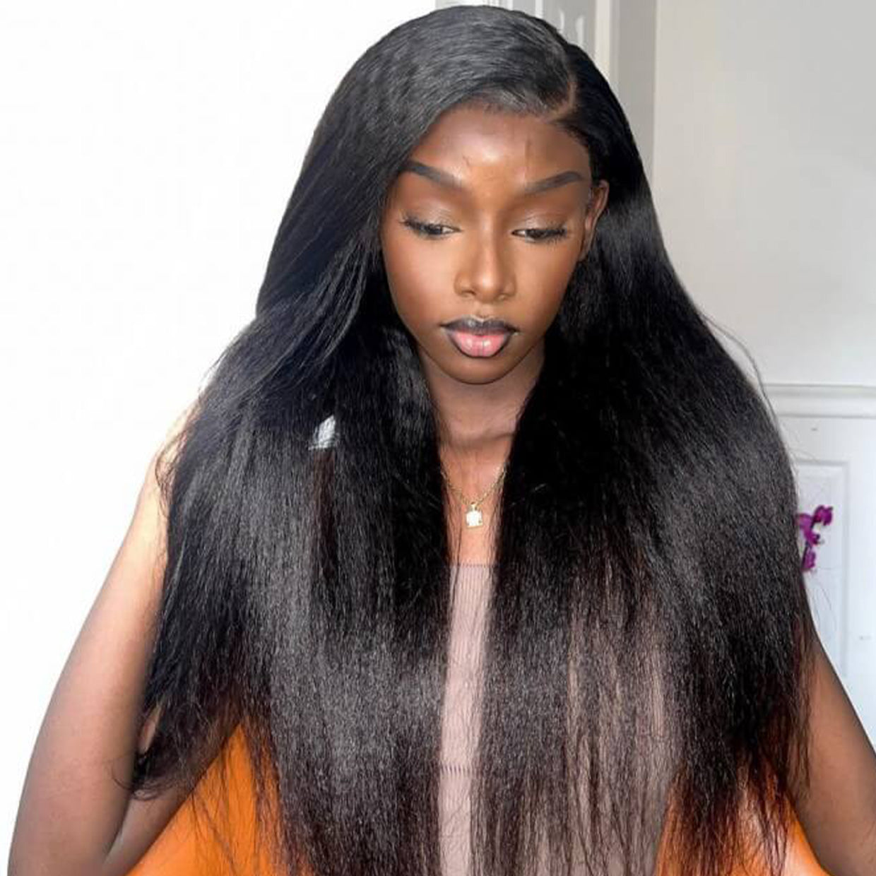 Glueless Wig 7x5 Closure Lace Invisible Knot Pre-plucked & Cut Kinky Straight Natural Black